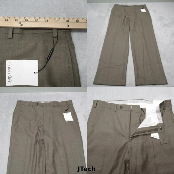 Calvin Klein Dress Pants Men 36x32 Light Brown Check Straight Flat Front $75 NEW - Picture 1 of 15